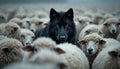 Black wolf surrounded by white sheep. Concept of uniqueness, difference, leadership, opposition. Strong visual metaphor of Royalty Free Stock Photo