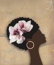 Black woman, african american. Female profile with frizzy black hair and big lily flowers