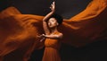 Black woman, art and fashion, fabric on dark background with dance and aesthetic movement. Flowing silk, fantasy and