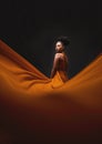 Black woman, art and fashion, fabric on dark background with mockup and aesthetic movement. Flowing silk, fantasy and