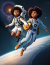 Black woman astronaut in technical garment floating in the space illustration character