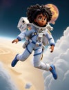 Black woman astronaut in technical garment floating in the space illustration character