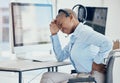 Black woman, backache and stress in call center with consultant suffering pain, muscle or spinal injury at her desk Royalty Free Stock Photo