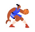 Black woman, basketball player playing sports game. Professional female athlete dribbling with ball, training. African