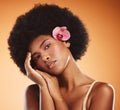 Black woman, beauty and makeup, skin and face with flower, hair and natural cosmetics advertising. African American Royalty Free Stock Photo
