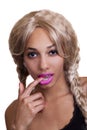 Black Woman Blond Wig Finger In Mouth Royalty Free Stock Photo