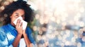 Black woman, blowing nose and allergies, sick with health fail on banner and bokeh, portrait and sinus infection Royalty Free Stock Photo