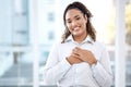 Black woman, business and happy portrait with hands on chest for care, kindness and love for charity. Face of person Royalty Free Stock Photo