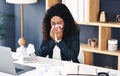 Black woman, business and tissue or blowing nose in office for allergies sneeze, virus or hayfever. Female person, sick