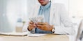 Black woman, calculator and money in business finance for budget, costs or expenses at the office desk. Hands of African