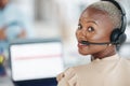 Black woman, call center and face with headphones for consulting, customer service or support at office. Portrait of Royalty Free Stock Photo