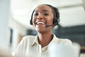 Black woman, call center and laugh portrait with a smile in a office with contact us work. Telemarketing, consulting job Royalty Free Stock Photo