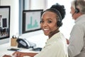 Black woman, call center and portrait with consultation and smile in a office with contact us work. Telemarketing Royalty Free Stock Photo