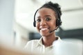 Black woman, call center portrait and phone consultation with a smile in a office with work. Telemarketing, consulting Royalty Free Stock Photo