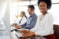 Black woman, call center and portrait smile on computer in telemarketing, customer service and support at office. Happy Royalty Free Stock Photo