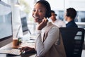 Black woman, call center and portrait smile by computer for telemarketing, customer service or support at office. Happy Royalty Free Stock Photo