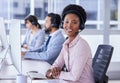 Black woman, call center and portrait smile in contact us for telemarketing, customer support or service at the office Royalty Free Stock Photo