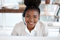 Black woman, call center and portrait smile in customer service, support or telemarketing at office. Happy African Royalty Free Stock Photo