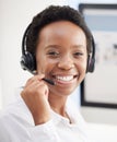 Black woman, call center and portrait smile with headset for telemarketing, customer service or support at the office Royalty Free Stock Photo