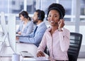 Black woman, call center and portrait smile with headset for telemarketing, customer support or service at the office Royalty Free Stock Photo