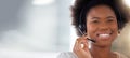 Black woman, call center and portrait smile on mockup with headset in telemarketing, customer service or support. Happy Royalty Free Stock Photo