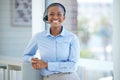 Black woman, call center and portrait smile for telemarketing, consulting or contact us at the office. Happy African Royalty Free Stock Photo