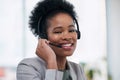 Black woman, call center and portrait smile for telemarketing, customer service or support at the office. Happy African Royalty Free Stock Photo