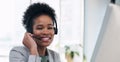 Black woman, call center and smile by computer for telemarketing, customer service or support at the office. Portrait of Royalty Free Stock Photo