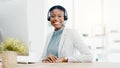 Black woman, call center and smile on computer in telemarketing, customer service or support. Portrait of happy African Royalty Free Stock Photo