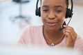 Black woman, call center and smile for consulting customer service or telemarketing at the office. Happy African Royalty Free Stock Photo