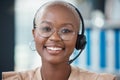 Black woman, call center and smile in portrait, consultant and glasses with headset for communication. Contact us, crm Royalty Free Stock Photo