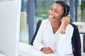 Black woman, call center and smile for telemarketing, customer service or support by computer at the office. Happy Royalty Free Stock Photo