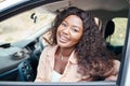 Black woman, car owner and happy with smile for successful purchase, travel and being relax, proud and confident Royalty Free Stock Photo