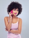 Black woman, cellphone for phone call and communication with listening and lipstick on white background. Contact, chat Royalty Free Stock Photo