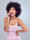 Black woman, cellphone for surprise phone call and communication, listening and lipstick on white background. Contact Royalty Free Stock Photo