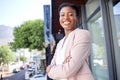 Black woman in city, arms crossed and business employee with smile in portrait outdoor, career success and pride. Happy Royalty Free Stock Photo