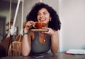 Black woman, coffee and smile for remote work, happy or relax at break or lunch at a cafe table. African American female Royalty Free Stock Photo