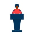 Black woman in conference suit on podium, tribune. Speech by people leader, businesswoman, head, teacher. Vector illustration