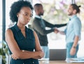 Black woman, corporate and sad thinking of career promotion failure or decline in office. Unhappy, worry and doubt of Royalty Free Stock Photo