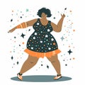 Black woman dancing joyfully, animated character short hair, vibrant dress sneakers, festive mood Royalty Free Stock Photo