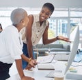 Black woman, desk collaboration and corporate company relationship at office with coworkers. African American worker Royalty Free Stock Photo