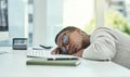 Black woman, desk and sleeping with glasses in fatigue, burnout or overworked at office. Tired African, female person or Royalty Free Stock Photo