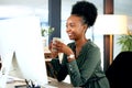 Black woman at desk with smile, computer and coffee cup, African receptionist reading email or report online. Happy Royalty Free Stock Photo
