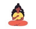 Black woman doing breathing exercise. Woman meditating in lotus pose. World yoga day, mental wellness. Hand drawn vector