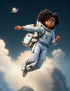 Black woman astronaut in technical garment floating in the space illustration character