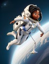 Black woman astronaut in technical garment floating in the space illustration character