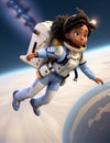 Black woman astronaut in technical garment floating in the space illustration character