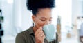 Black woman, drink and coffee break in office to relax in business, agency and company. Calm, employee and drinking cup Royalty Free Stock Photo