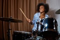 Black woman drummer in a recording studio Royalty Free Stock Photo