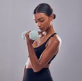 Black woman, dumbbells training and studio for muscle development, wellness and self care with focus. Gen z bodybuilder